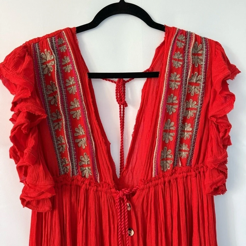Free People Bali Will Wait For You Boho V Neck Midi Dress Red Embroidered Size S